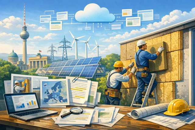 Abstract illustration representing a climate tech startup focused on home insulation, workforce training, and scalable energy-efficient retrofits across Europe.