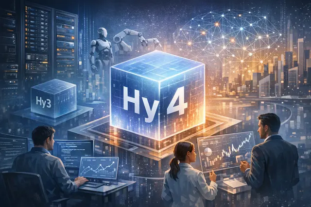 Editorial illustration of Tencent Hy4 Preview, a large open-weight Mixture-of-Experts AI model