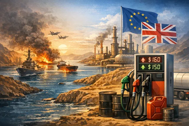 Illustration of Europe's energy crisis showing rising fuel costs, oil barrels, petrol pump prices, and the shift toward electric vehicles amid geopolitical tension.