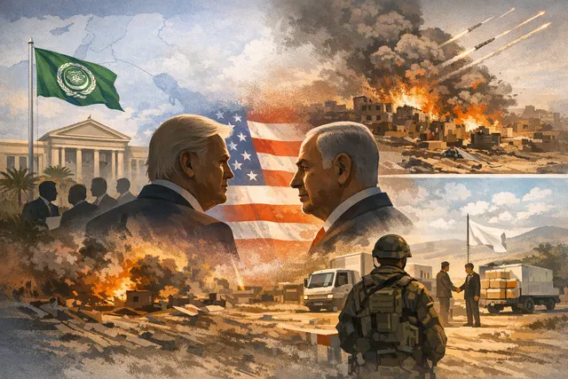 A conceptual illustration showing a fractured map of the Gaza Strip with ceasefire symbols, Arab League flags, and Washington D.C. landmarks representing the diplomatic tensions ah