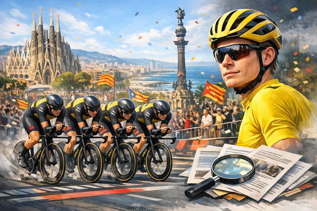 Jonas Vingegaard of Visma-Lease a Bike wearing the yellow jersey after winning the 2026 Tour de France Stage 1 team time trial in Barcelona