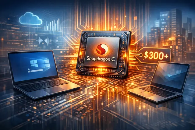 Qualcomm Snapdragon C processor on a circuit board with a laptop in the background, representing the new budget Windows on Arm platform.