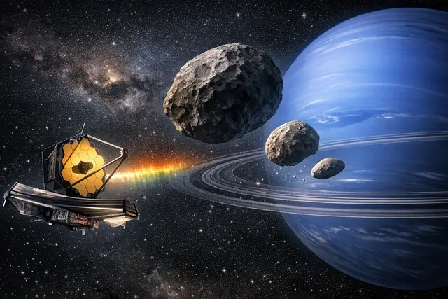 JWST view of Neptune with its inner moons Proteus, Larissa, Galatea, and rings