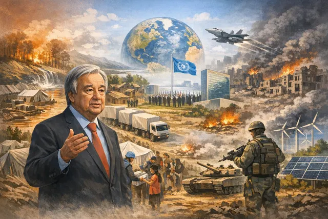 A split-scene editorial illustration of UN Secretary-General António Guterres walking through a crowded, distressed neighborhood in Haiti on one side, and arid, drought-stricken So
