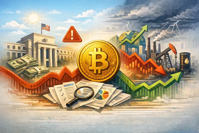 Bitcoin price chart overlaid with Federal Reserve building and macroeconomic data indicators, representing the tug-of-war between monetary policy and crypto markets.