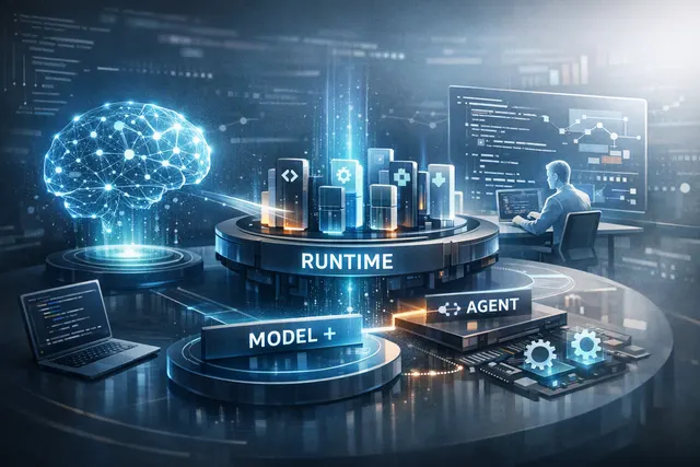 Abstract editorial illustration of DeepSeek Harness connecting an AI model to modular tools and agent plugins