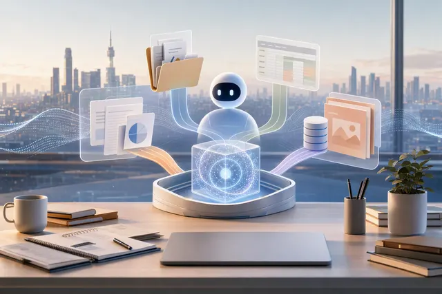 Editorial illustration of AI agents coordinating enterprise productivity work across office tools