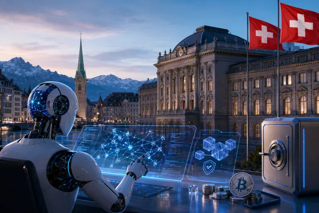 Illustration of an AI agent executing blockchain transactions for a Swiss digital asset bank