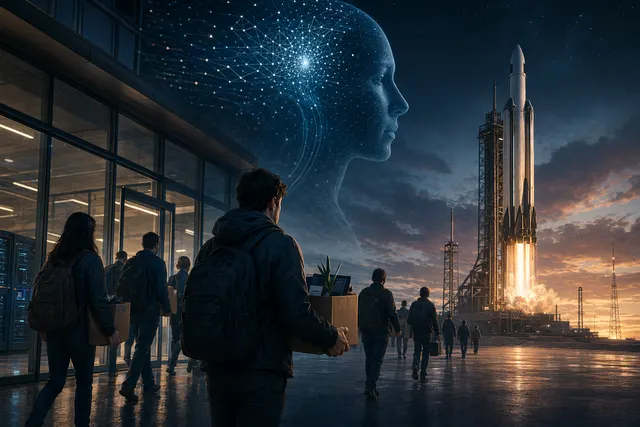 Concept illustration of SpaceXAI after the SpaceX and xAI merger, representing AI infrastructure and talent departures
