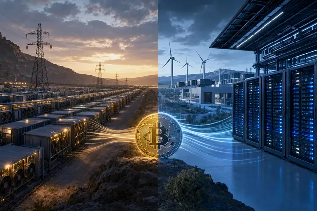 Illustration of Bitcoin mining infrastructure transitioning into AI and high-performance-computing data centres