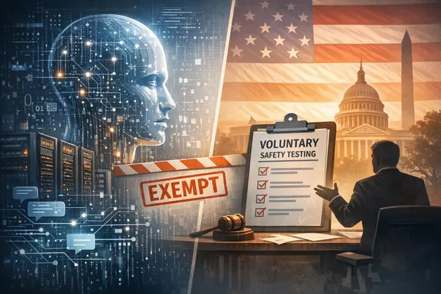 Illustration of the White House with abstract AI neural network patterns and open-weight model icons floating around it, representing the Trump administration's decision to exempt