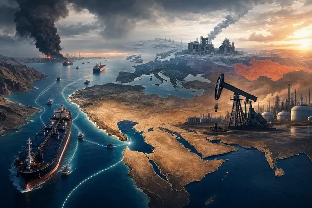 Editorial illustration of oil tankers and energy-market disruption around the Strait of Hormuz