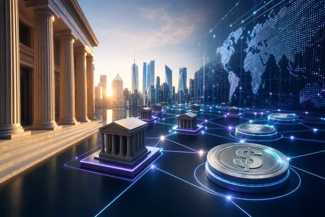 Concept illustration of banks settling payments using stablecoins on blockchain networks