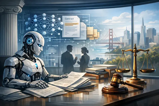 Abstract editorial illustration of an AI model powering legal document analysis