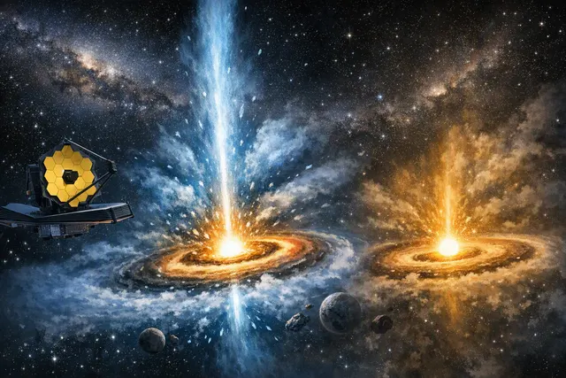 Artist’s illustration of a young star surrounded by a protoplanetary disk with molecular winds and narrow jets streaming into space