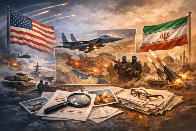 AI-generated conceptual image of military strikes in a Middle Eastern coastal region at night, with explosions and naval assets, illustrating the escalating U.S.-Iran conflict.