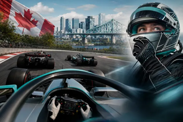 George Russell celebrating pole position for the 2026 Canadian Grand Prix after a last‑lap qualifying run in Montreal