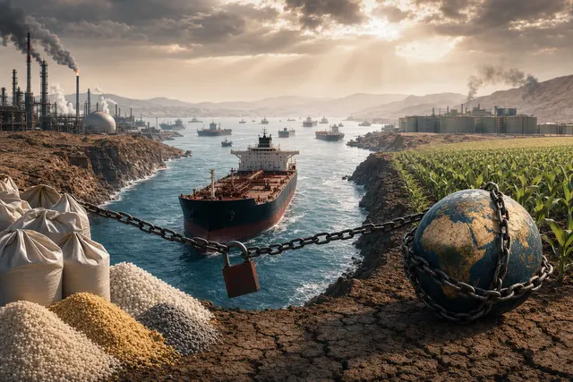 Cargo vessel and fertilizer supply-chain imagery illustrating the Strait of Hormuz disruption