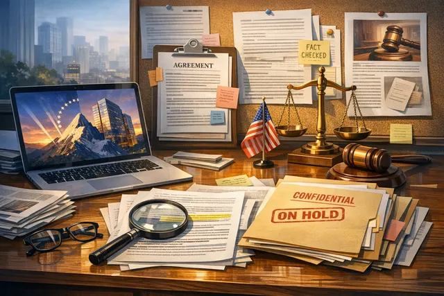 A gavel and legal documents representing the court-approved freeze on the Paramount-Skydance and Warner Bros. Discovery merger