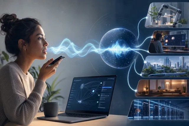 Editorial illustration representing ChatGPT Voice connected to work apps and workflows