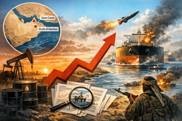 Oil tankers in the Red Sea near the Bab el-Mandeb Strait, with a map overlay showing the dual chokepoints of the Strait of Hormuz and Bab el-Mandeb