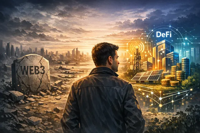 A broken, golden "Web3" inscription dissolving into a digital circuit ledger, symbolizing the declared end of the broad Web3 vision and the pivot to blockchain as a pure asset ledg