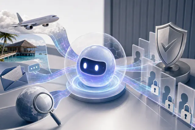 Editorial illustration of an AI assistant managing online tasks with security controls
