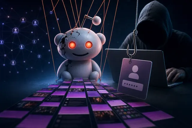 Editorial illustration of a compromised verified social-media ad account directing users to a ClickFix malware prompt