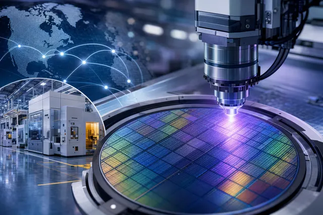 AI illustration of Apple and Intel chipmaking equipment with semiconductor wafers and advanced lithography machinery