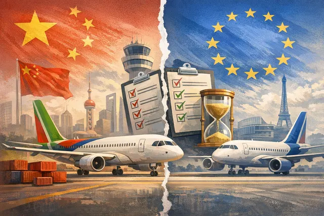 COMAC C919 aircraft on a runway with an Airbus A320 in the background, symbolizing the China-Europe aviation certification standoff