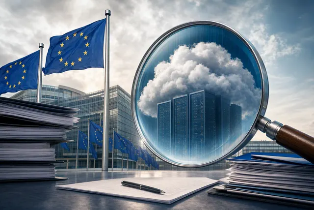 Editorial illustration of European Union scrutiny of Oracle cloud software licensing