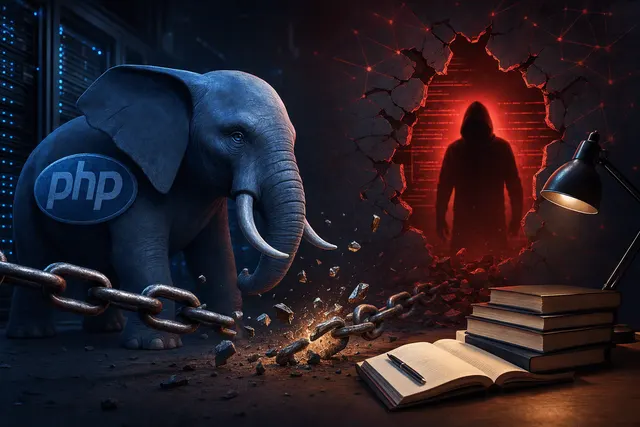 Editorial illustration accompanying an article about the PHP2Shell vulnerabilities and PHP security updates.