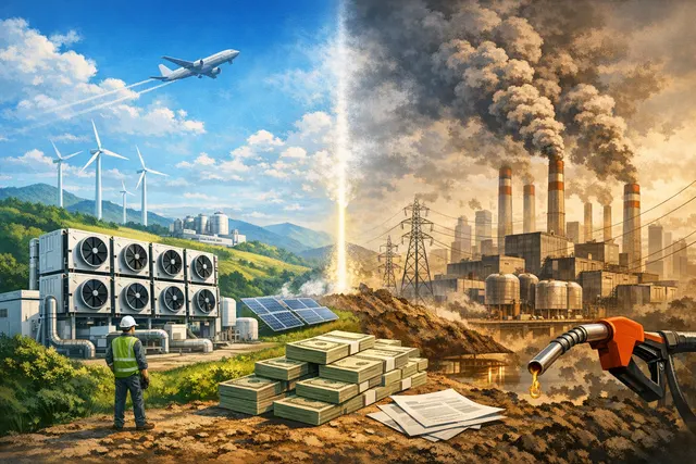 A visual contrasting a natural gas-powered data center with an abstract carbon removal facility, illustrating Anthropic's split climate strategy.