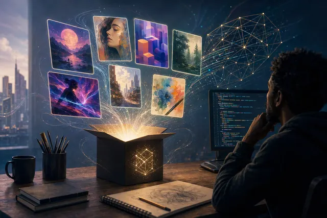 Conceptual illustration of a creative software suite for photo, video, vector, and PDF work