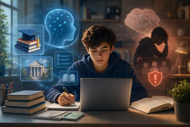 Illustration of a teen using AI study and college-planning tools