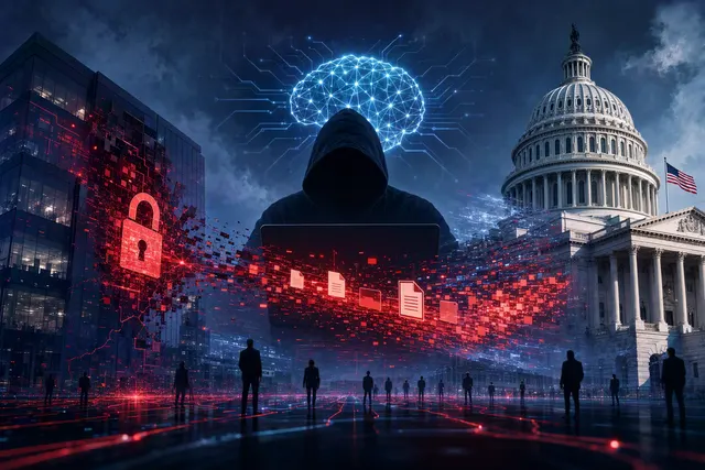 Editorial illustration of a cybersecurity threat affecting business systems