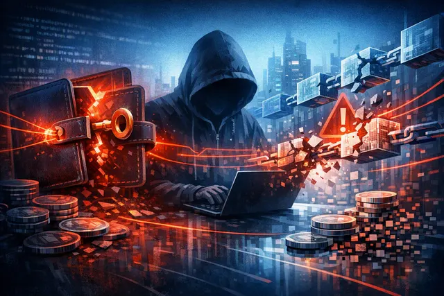 Editorial illustration of a blockchain security breach involving a compromised crypto wallet and stolen tokens