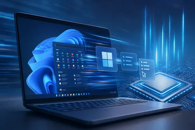 Illustration of a Windows 11 laptop using a CPU boost to make apps and menus feel faster