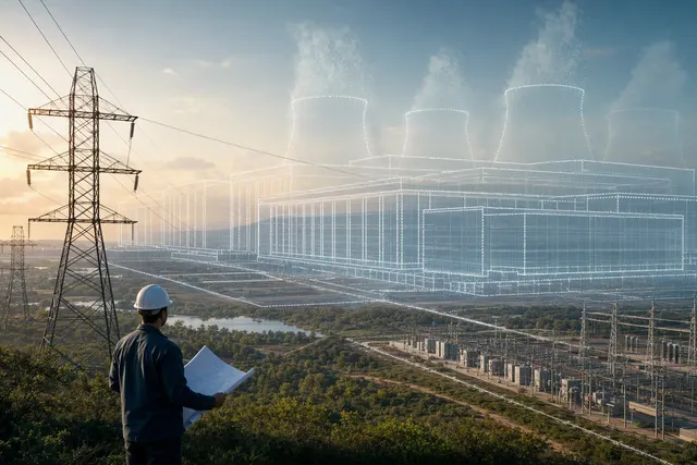 Illustration of a large AI data center connected to an electricity grid