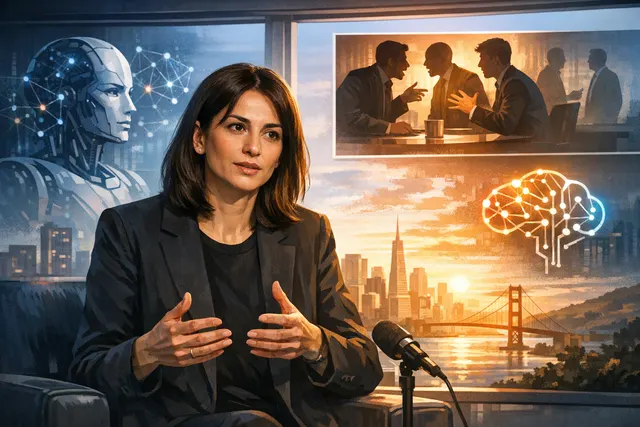 Mira Murati speaking at a Bloomberg interview in San Francisco, discussing Thinking Machines Lab and AI governance in June 2026.