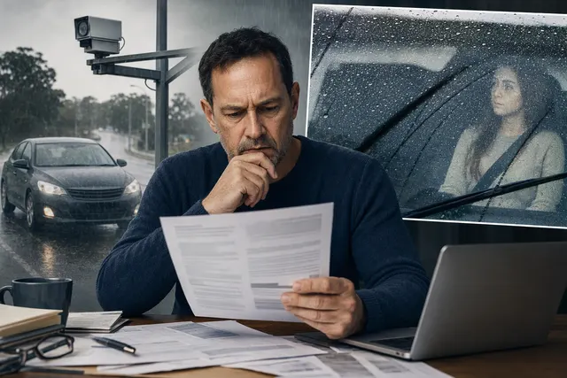Illustration of a driver in heavy rain beside a traffic camera, representing a dispute over a seatbelt-fine photograph
