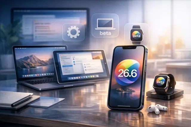 Illustration of an iPhone and Mac screen displaying the iOS 26.6 and macOS Tahoe 26.6 beta 2 software update interface.