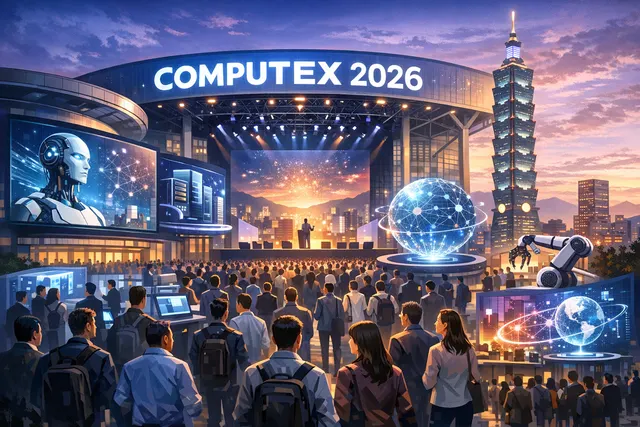 COMPUTEX 2026 exhibition floor with AI Together signage, showing crowds of attendees and technology exhibits at the Taipei Nangang Exhibition Center.