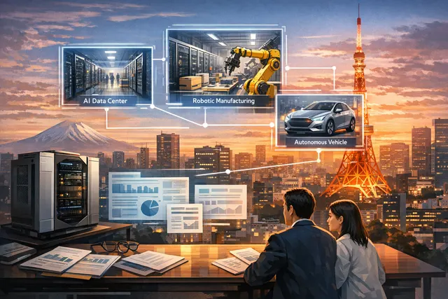 AI-generated illustration of Nvidia CEO Jensen Huang standing alongside CEOs of Fujitsu, FANUC, Yaskawa Electric, and Kawasaki Heavy Industries in Tokyo