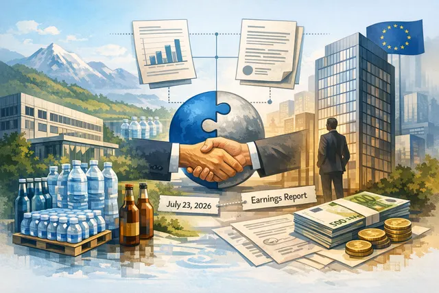 A Perrier glass bottle and an S.Pellegrino bottle next to a Nestlé logo, representing the key brands involved in the Peranel joint venture sale to Platinum Equity.