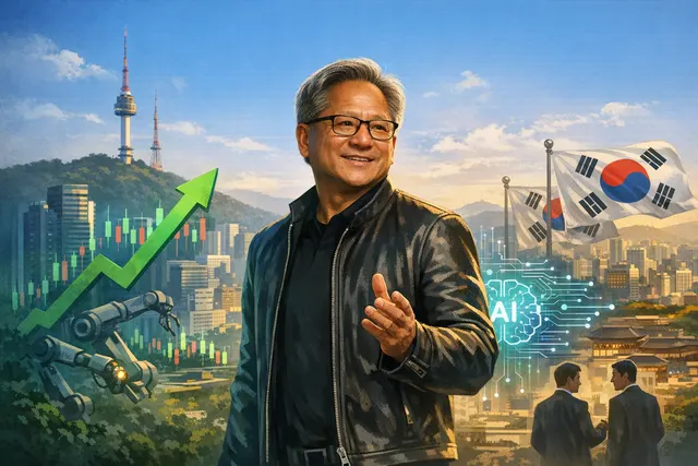 Nvidia CEO Jensen Huang speaking at a press event in Seoul alongside South Korean business leaders, with AI partnership graphics displayed behind him
