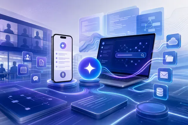 Conceptual illustration of Zoom Workplace AI connecting meetings, enterprise apps, and automation tools