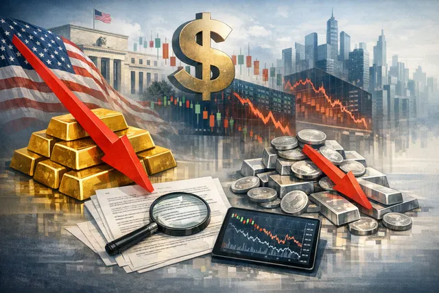 Gold bars stacked on a dark surface with a downward-trending chart in the background, representing the sharp gold and silver price decline on June 23, 2026.