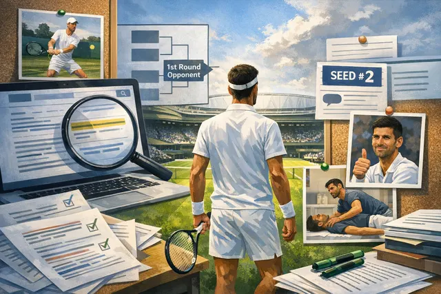 Novak Djokovic on grass court at Wimbledon, preparing for the 2026 Championships