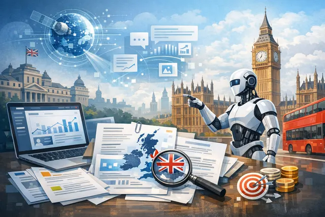 A stylized illustration representing OpenAI's ChatGPT Ads Manager global expansion, showing a world map with highlighted markets and ad bidding metrics.